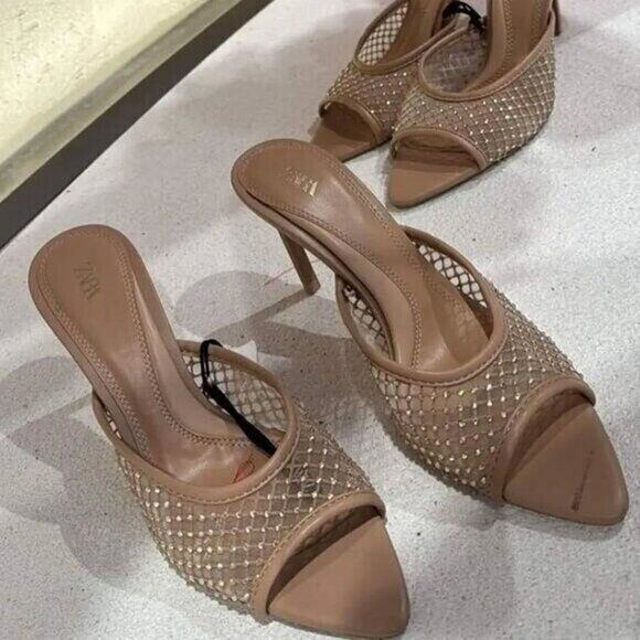 ZARA Embellished Mesh Slide Heels Nude Tan Size 8 NWT - Picture 12 of 16